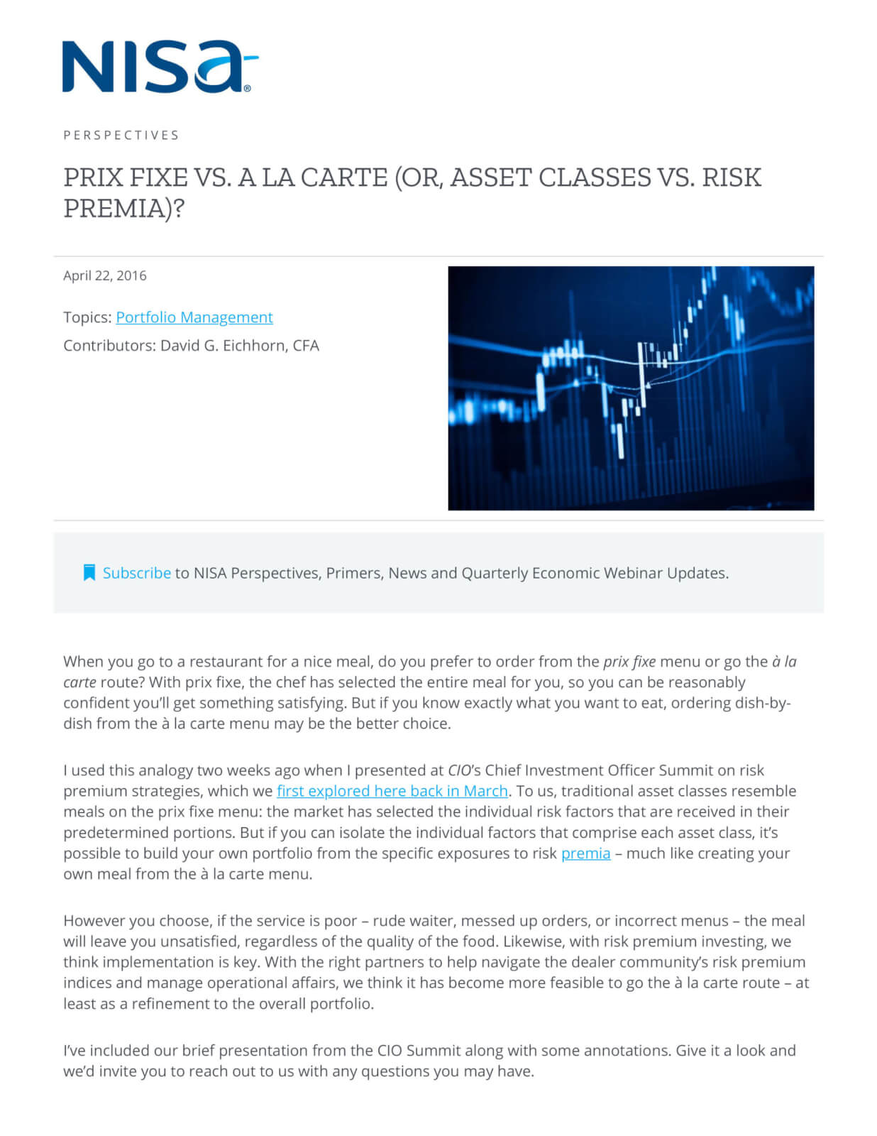 Prix Fixe vs. A la Carte (or, Asset Classes vs. Risk Premia) NISA Investment Advisors, LLC