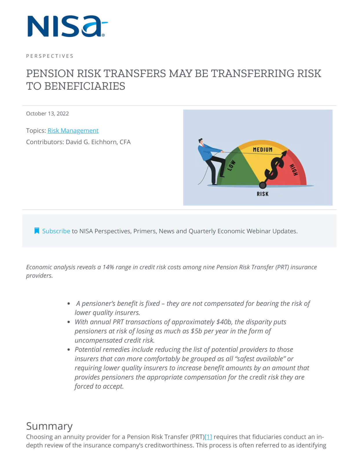 Pension Risk Transfers May Be Transferring Risk to Beneficiaries NISA Investment Advisors LLC