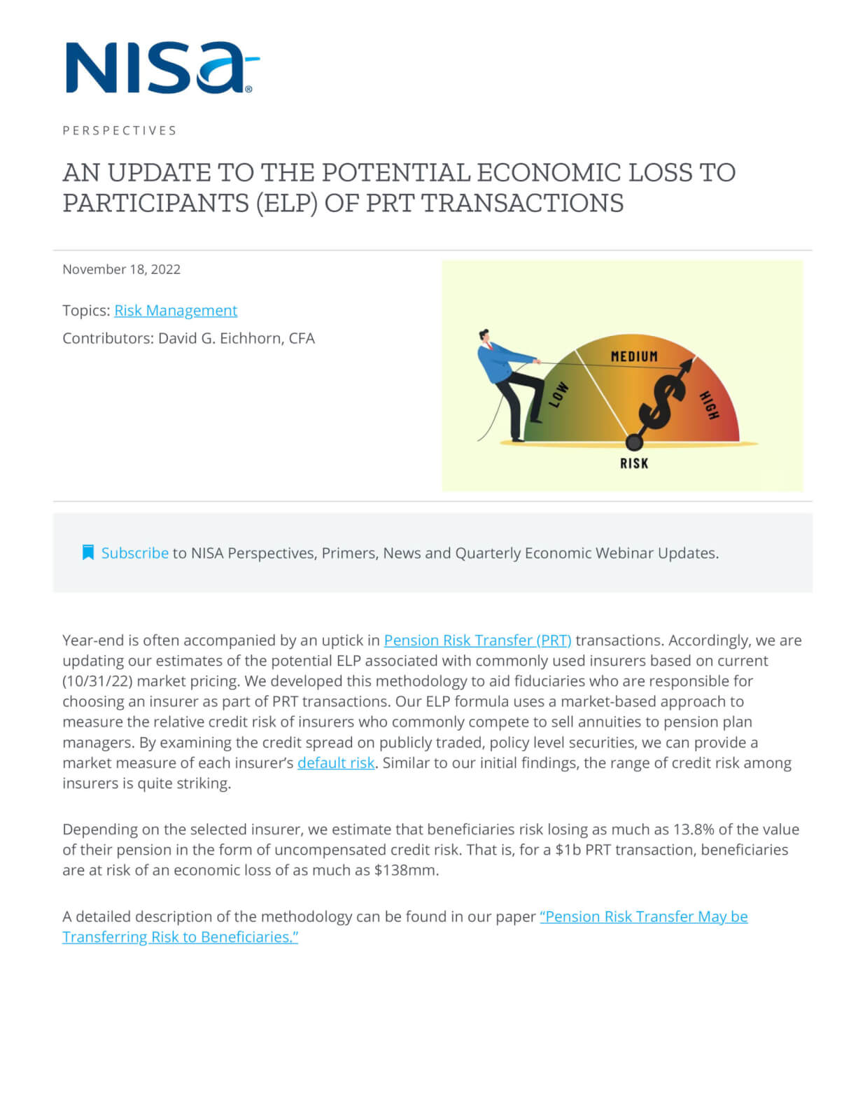 An Update to the Potential Economic Loss to Participants (ELP) of PRT Transactions NISA Investment Advisors, LLC